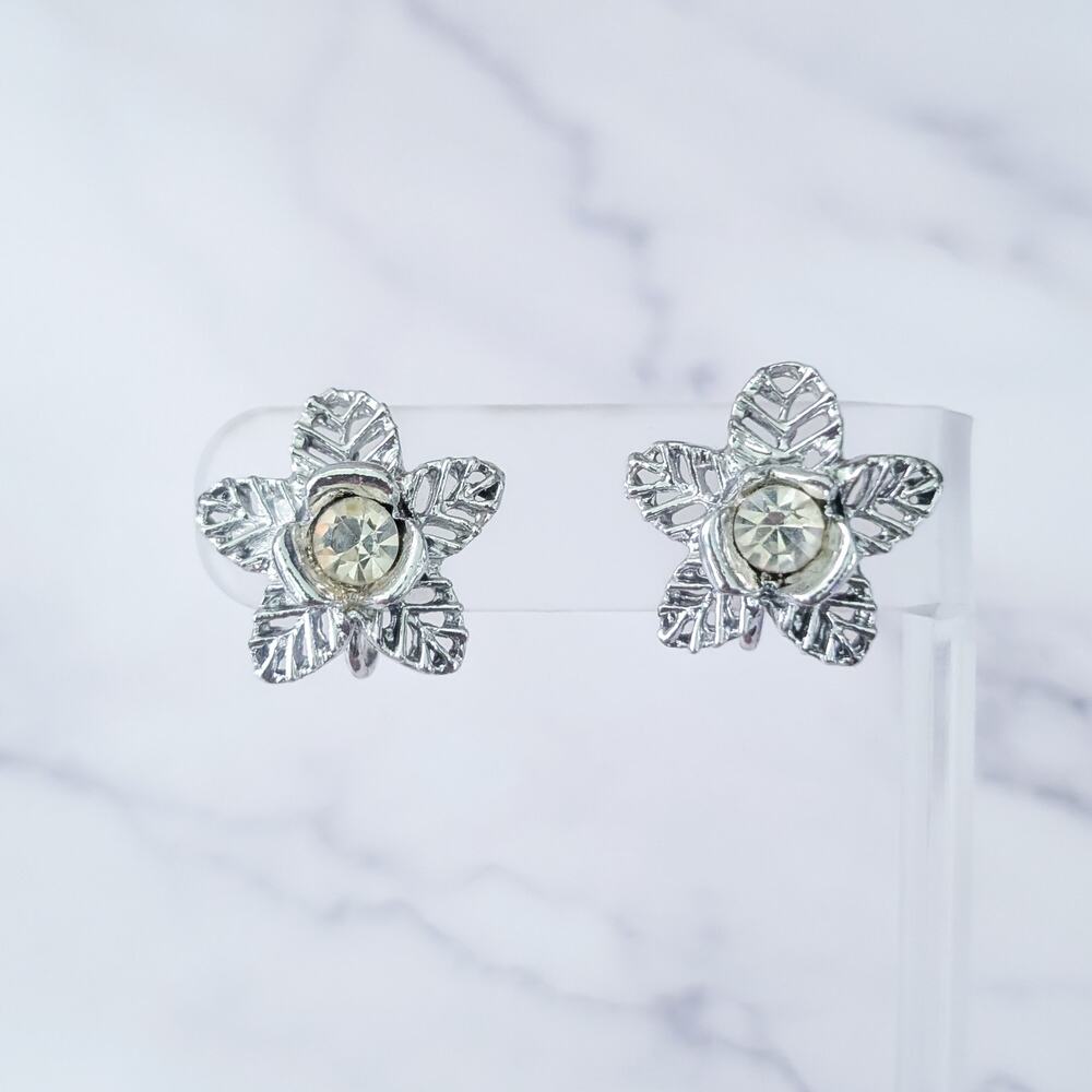 Vintage Screw On Earrings Large Flower with Gems